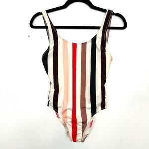 Solid & Striped One-Piece Swimsuit White Red Brown Low Scoop Back Small zq